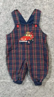 3-6 Months Vintage Overalls Baby Toddler Vintage Plaid Green And Blue & Red Bear - Image 1 of 4