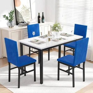 Modern 5 Piece Dining Room Faux Marble Table Set Blue Velvet Upholstered Chairs - Picture 1 of 10