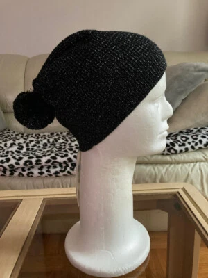 Sombrero Eileen Fisher Negro Merino Brillante Con Pompón - Nuevo Con Etiquetas Foto 1 de 4