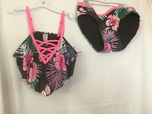NWT Justice Girls Floral Top Bikini SET 2 pc Swimsuit UPF 50+  black XL - Picture 1 of 4