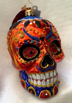 Christopher Radko COLORFUL CALAVERA Orange Skull Ornament Halloween SALE - Image 1 of 4
