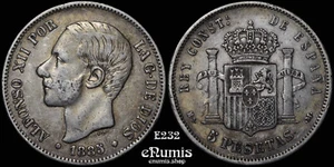 SPAIN, Alfonso XII, 5 Pesetas 1885 MS-M, toned, VF+ - Picture 1 of 5