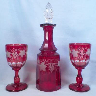 Bohemian Art Glass Decanter & 2 Wine Goblets Ruby Grape Etched Vintage Czech - Image 1 of 4