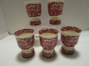 Antikes Freimaurer VISTA PINK Transfergeschirr Set 5 Doppel Eierbecher England 1900’s 3" w - Bild 1 von 13