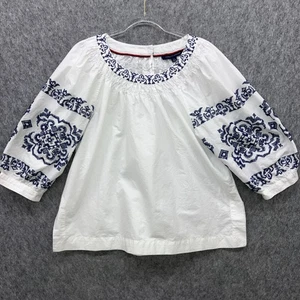 Tommy Hilfiger Embroidered Peasant Top Womens Large White Blue Romantic Cottage - Picture 1 of 10