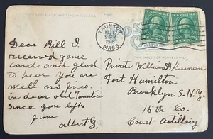 Taunton, Mass. Tarjeta postal - enviada por correo el 17 de julio de 1918 a Fort Hamilton, Brooklyn, NY MA - Imagen 1 de 2