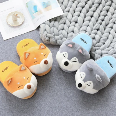 Cute Slippers Plush Cartoon Warm Shoes Husky Shiba Inu Dog Plush Slides Women - Image 1 of 4