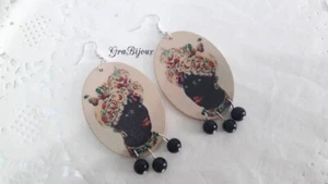 Orecchini pendenti in legno testa di moro con perline nere pendenti - Picture 1 of 1