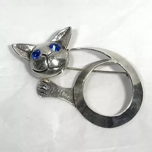 Vintage Mexiko Sterlingsilber 925 Katze Anstecknadel Modernist Umriss Strass Augen 2,5" - Bild 1 von 13
