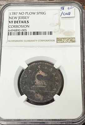 1787 NO PLOW SPRIG NEW JERSEY POST COLONIAL NGC VF-DETAILS - Image 1 of 2
