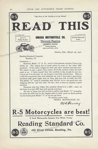 1910 Ad Reading Standard Co R-S Motorcycles Model “5” 3 HP Omaha Motorcycle Co - Picture 1 of 1