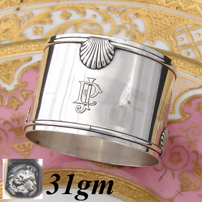 Antique French Sterling Silver 2  Napkin Ring, Seashell Accents, JP Monogram • 298.49$
