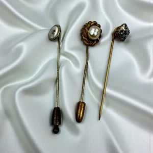 Vintage Stick Pin Lot of 3 Faux Pearl Glass Rhinestones - Picture 1 of 12