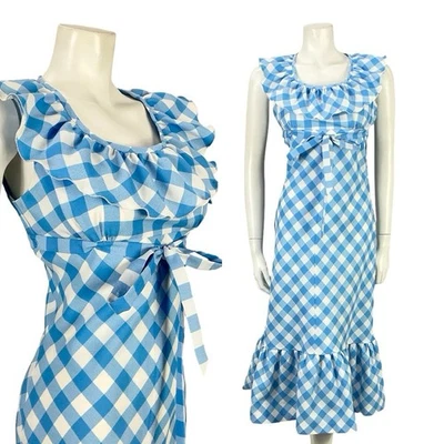 VESTIDO MIDI VINTAGE AÑOS 70 AZUL BLANCO CON VOLANTES IMPERIO GINGHAM ARCO CABAÑA PRADERA 8 Foto 1 de 4