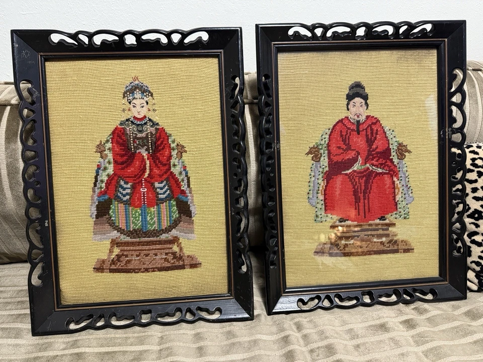 PAR de punta de aguja china vintage hecha a mano del emperador y la emperatriz enmarcada Foto 1 de 4