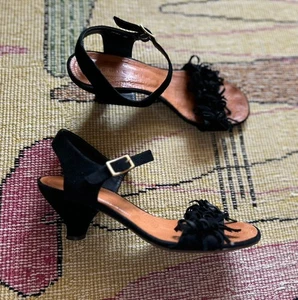 Chie Mihara Verve Suede Sandals Heels Black Fringe Made in Spain Size 37 - Picture 1 of 9