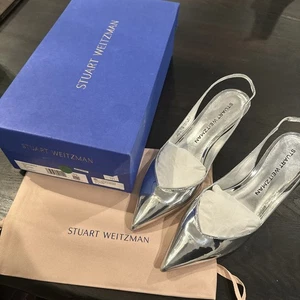 Stuart Weitzman Eva 50 solide Damen-Slingback-Absätze 2 Zoll silber 37,5/7 SCHNELLER VERSAND - Bild 1 von 6