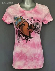 New VOCAL Womens PINK HEART WINGS CROWN OLD SCHOOL TIE DYE SHIRT S M L XL USA - Picture 1 of 3