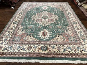 Indo Heriz Rug 9x12 Geometric Oriental Carpet Green Cream Wool Handmade Vintage - Picture 1 of 12