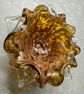 vintage MCM Murano Amber RUFFLED ART GLASS BOWL Trinket Dish Ashtray - Picture 1 of 24