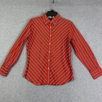 Blusa Jones New York Top Mujer M Rojo Rayas Botón Delantero Manga Larga Algodón Foto 1 de 4