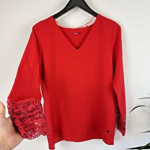 s.Oliver Red Blouse Size 14 Red V-Neck Long Sleeve Lace Trim Party - Picture 1 of 8