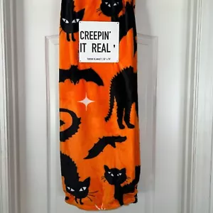NWT Halloween Creepin' It Real Black Kitty Cat Bats Blue Throw Blanket 50"x70" - Picture 1 of 3