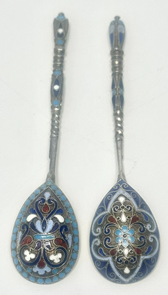 2 антикварные (1890 г.) серебряные/эмалированные ложки клуазоне 0,875 от Gustav Klingert - Изображение 1 из 4