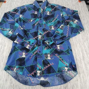Vintage Wrangler Button Up Shirt Sz 15.5x35 Cotton Western Wear Skull Print - Picture 1 of 10