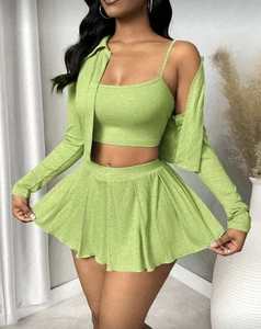 Shein Co Ord Conjunto de 3 Piezas Verde Falda Corta Chaleco Top Talla L - Imagen 1 de 6