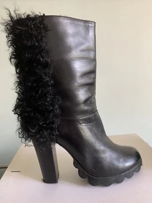 Pollini Black Leather Fur Trim Ankle Boots 41 8 UK 10.5 US - Image 1 of 4
