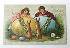 Antique Easter Card Fantasy Eggs Embossed Cute Kids Bunny Flowers Vtg Postcard