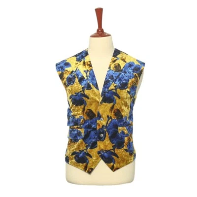 Mens Suit Vest Size 46 Yellow Blue Floral Velvet Formal Party Lapel Waistcoat XL - Image 1 of 4