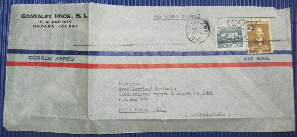 AIRMAIL SURCHARGE OVP COVER HABANA 1953 VIA YANKEE CLIPPER to CZECHOSLOVAKIA  - Image 1 of 1