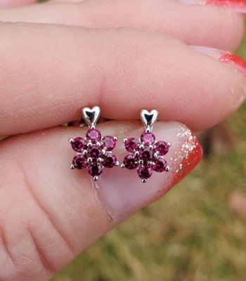 Cluster Lab Created Ruby Sterling Silver Delicate Heart Flower Stud Earrings - Image 1 of 4