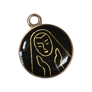Vintage Black Enamel Virgin Mary Pendant Charm Gold Outline Modernist Religious - Picture 1 of 3