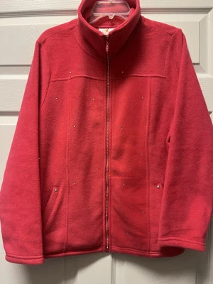 Quacker Factory Fleece Jacket Women L Pink Embellished Collared Zip Front Bling - Image 1 of 4