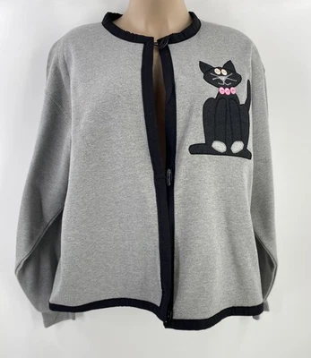 Cárdigan sudadera abierta hecha a mano con apliques de gato para mujer 2XL gris adorno negro Foto 1 de 4