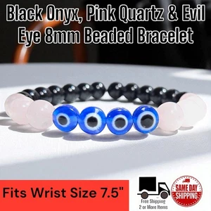 Black Onyx Pink Quartz Blue Evil Eye Beaded Design 8mm Bracelet Wrist Sz 7.5 - Picture 1 of 2