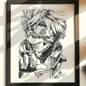 Handgezeichnet (kein Druck) Naruto Kakashi Hatake gerahmte Feder & Tusche Kunst Zeichnung - Bild 1 von 7