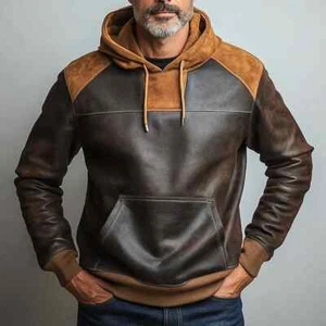 Herren Vintage Braun Leder Hoodie Pullover Zweifarbig Leder Streetwear Jacke - Bild 1 von 7