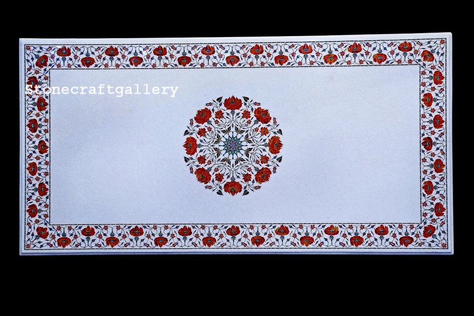 48" x 24" Marble Center Table Top Semi Precious Stones Carnelian inlay work - Image 1 of 1