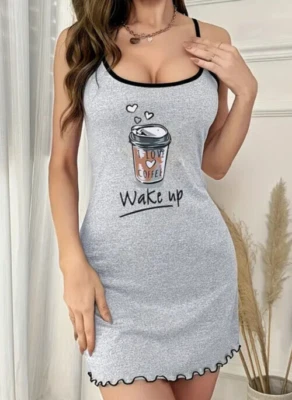 Coffee Print Nightgown Women XL Slip Dress Crew Neck Lettuce Trim Backless NEW! - Image 1 of 4