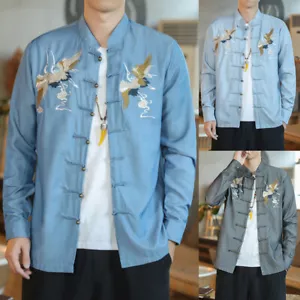 Men Top Coat Cardigan Kung Fu Shirt Embroidered Crane Frog Button Ethnic Retro - Picture 1 of 14