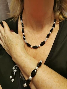 Edelsteinkette, schwarzer Onyx Halskette Armband und gratis Ohrringe - Bild 1 von 3