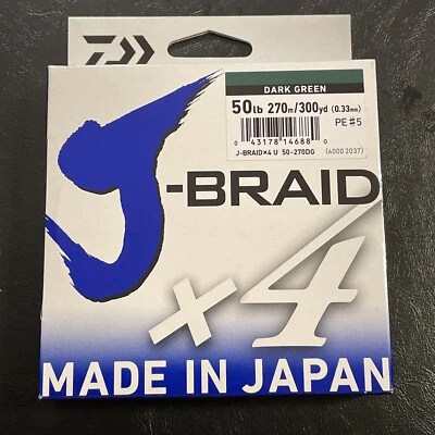 Рыболовная леска Daiwa 50 фунтов J-braid X4 300 ярдов темно-зеленая сделано в Японии - Изображение 1 из 4