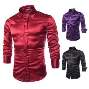 Silk Shiny shirt Glossy Casual Men's Solid Long Sleeve fit fashion gentlemen - Picture 1 of 13