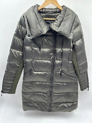 BCBG MaxAzria 橄榄宽领羽绒长外套夹克女式 M 中号 — 第 1/4 张图片