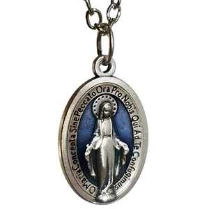Our Lady of the Miraculous Medal Pendant 18" Necklace Blue Enamel Made in Italy - Picture 1 of 24