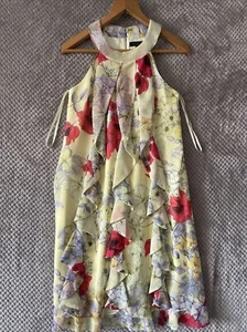 DEBUT WOMENS DRESS YELLOW FRILL FLORAL BEADED NECK SIZE 8 - Picture 1 of 11
